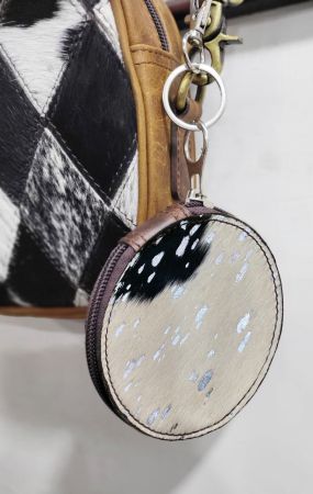 Hair on Cowhide Round Clip Keychain Wallet Pouch - silver #3